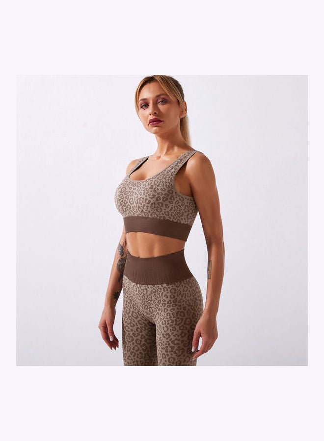 2-Piece Leopard Printed Sports Bra And High Waist Legging Set Coffee