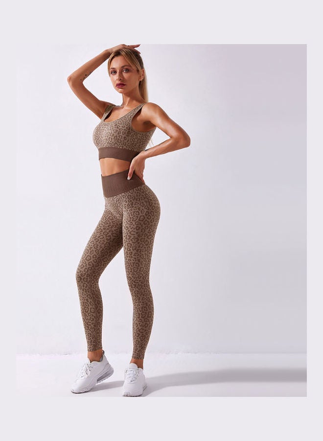 2-Piece Leopard Printed Sports Bra And High Waist Legging Set Coffee