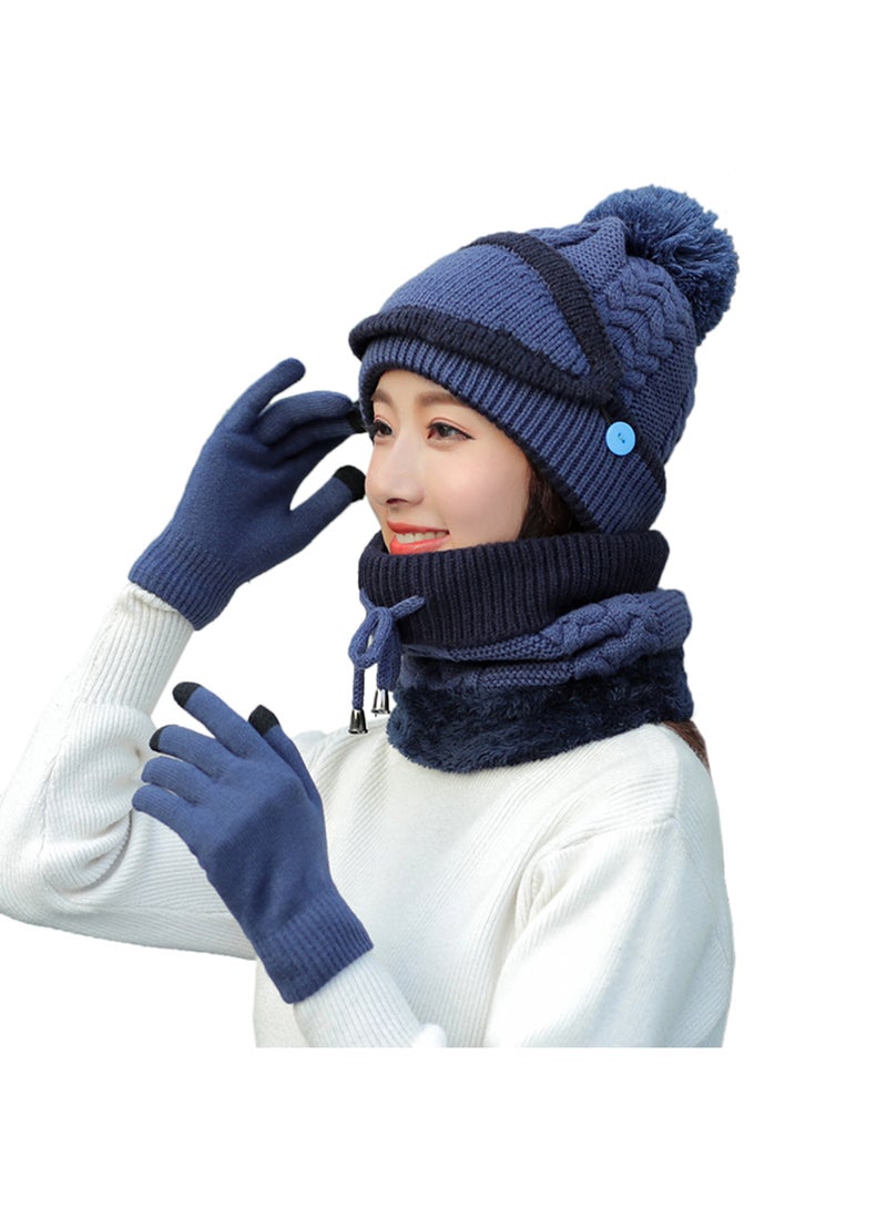 4-Piece Winter Neck Scarf Hat And Knit Touch Mittens Warm Suit Set Dark Blue