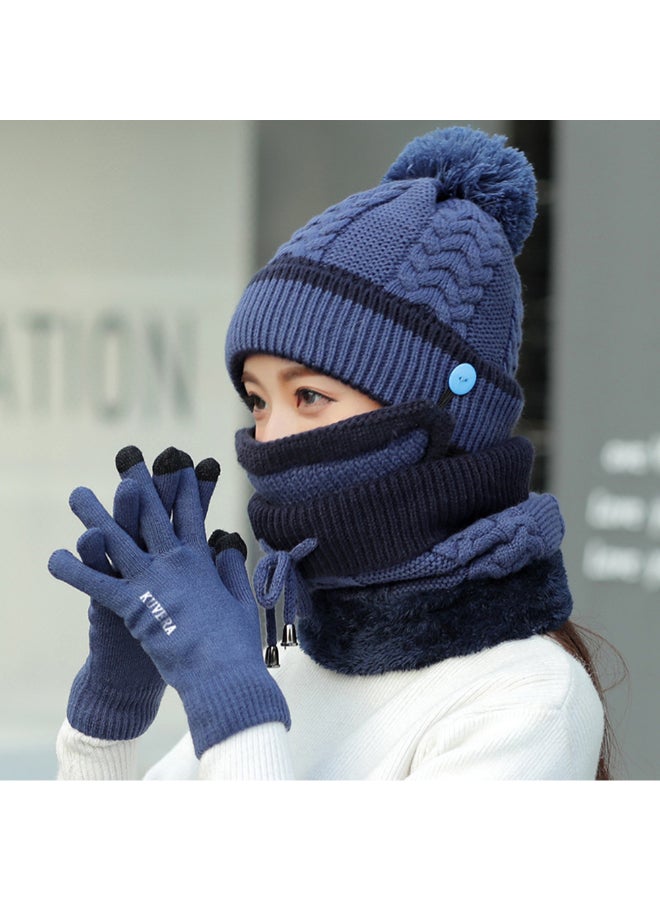 4-Piece Winter Neck Scarf Hat And Knit Touch Mittens Warm Suit Set Dark Blue