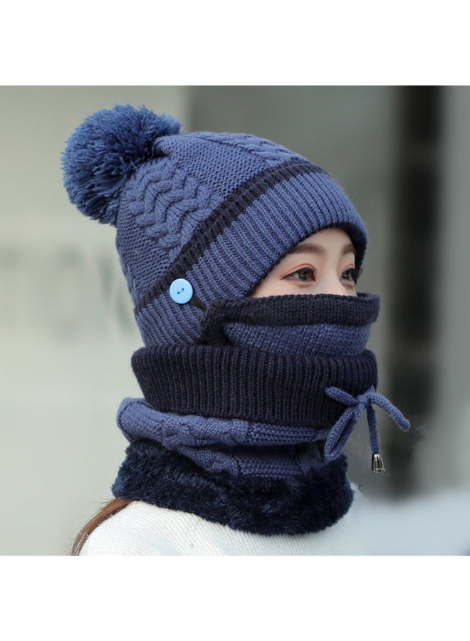 4-Piece Winter Neck Scarf Hat And Knit Touch Mittens Warm Suit Set Dark Blue