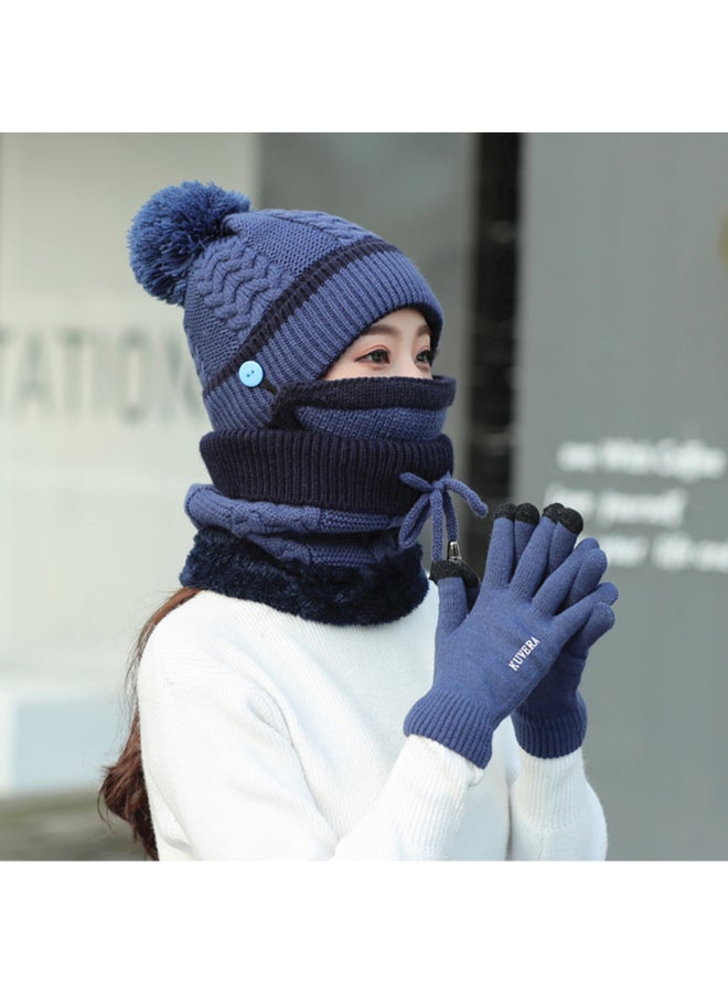 4-Piece Winter Neck Scarf Hat And Knit Touch Mittens Warm Suit Set Dark Blue