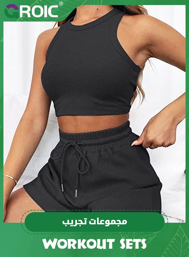 2 Pieces Workout Sets for Women, Lounge Sets Sleeveless Crop Top and Shorts with Pockets Tracksuits Ribbed Knit, High Waist Shorts Yoga Outfits Two Piece Yoga Running Gym Workout Outfits