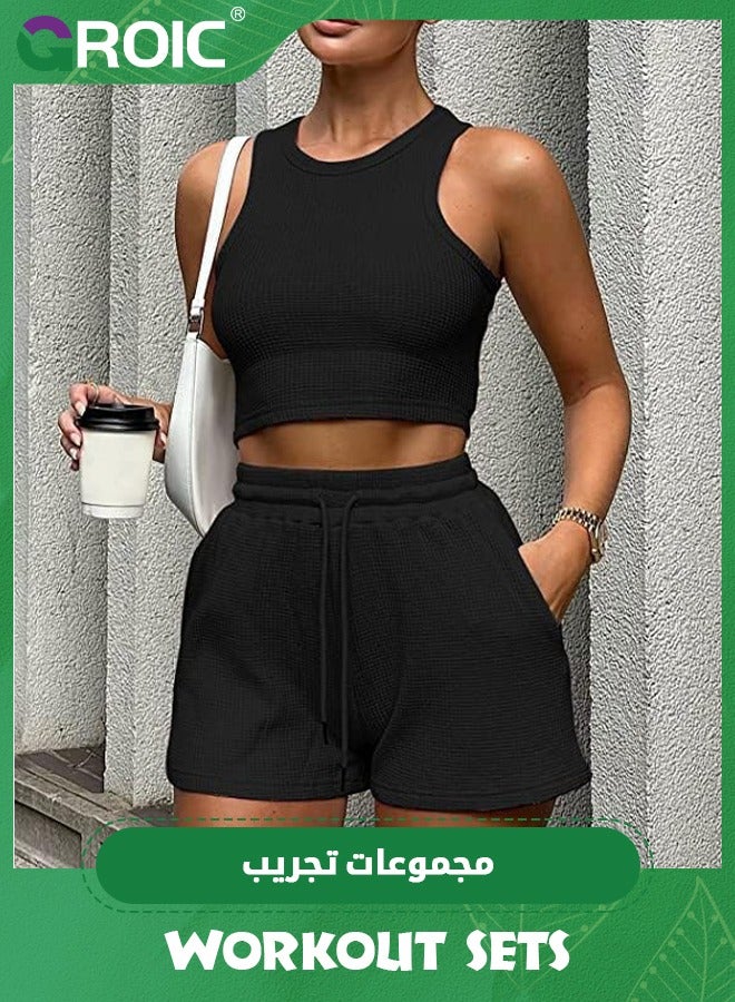 2 Pieces Workout Sets for Women, Lounge Sets Sleeveless Crop Top and Shorts with Pockets Tracksuits Ribbed Knit, High Waist Shorts Yoga Outfits Two Piece Yoga Running Gym Workout Outfits