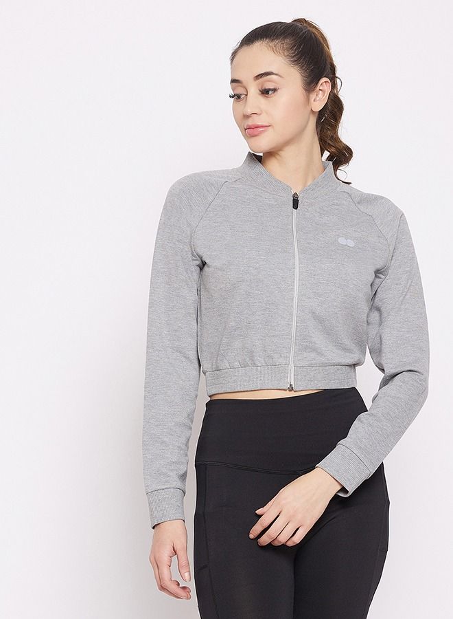 Clovia Comfort-Fit Active Crop Sweatshirt in Melange Grey with Reflective Logo