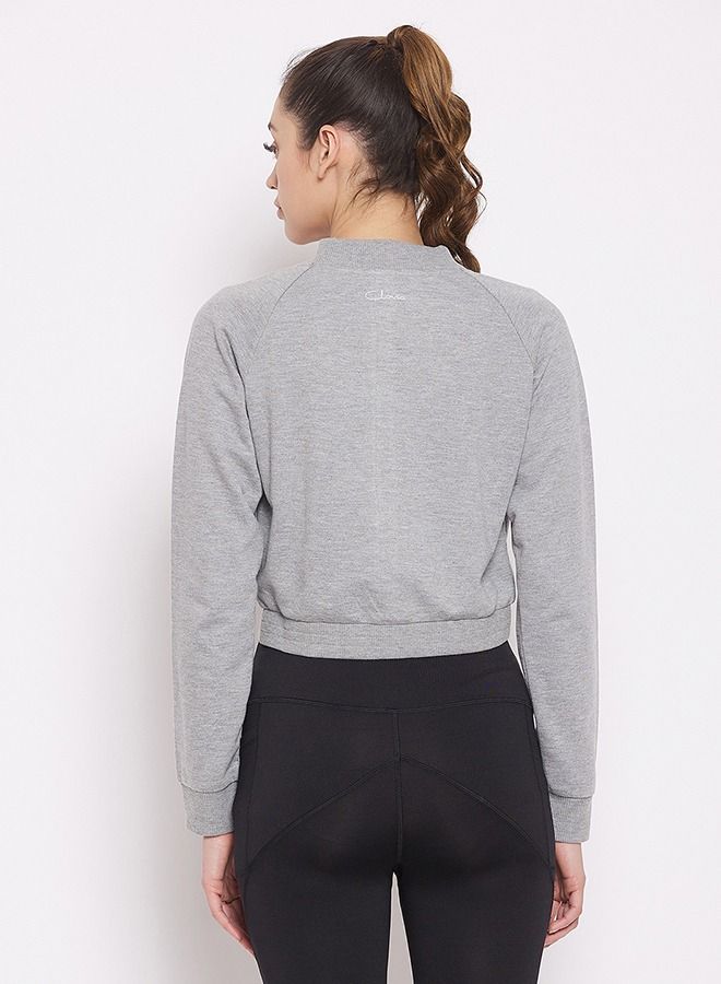 Clovia Comfort-Fit Active Crop Sweatshirt in Melange Grey with Reflective Logo