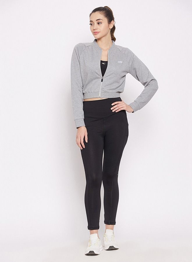 Clovia Comfort-Fit Active Crop Sweatshirt in Melange Grey with Reflective Logo