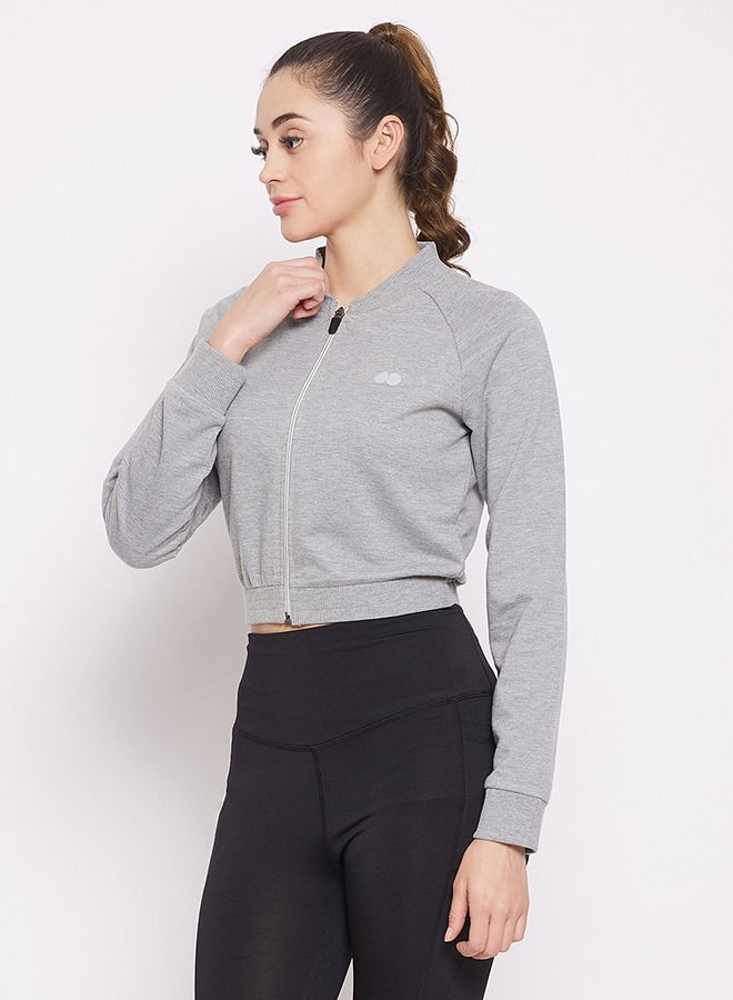 Clovia Comfort-Fit Active Crop Sweatshirt in Melange Grey with Reflective Logo