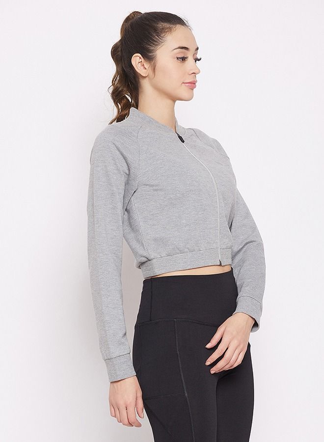 Clovia Comfort-Fit Active Crop Sweatshirt in Melange Grey with Reflective Logo