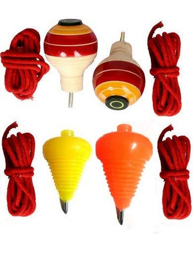 Wooden & Plastic Spinning Lattu I With Thread I Bhawra I Latto I Bambaram I Traditional Indian Game I Outdoor Games I Fun & Therapeutic I Toys For Kids & Adults I Pack Of 4 Pcs