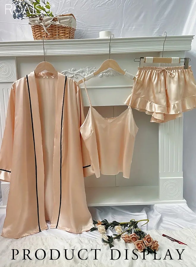 3 Piece Ice Silk Satin Pajama Set Women'S Daily Suspender Shorts And Long Sleeve Robe Set Home Wear