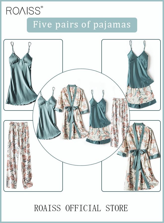 5-Pack Women's Pajama Set Sling with Chest Pad Nightdress Sweet Sleepwear Home Wearing Clothes Suits Ladies Floral Printing Nightwear Lingerie Robe Underwear Shorts Summer Spring Blue