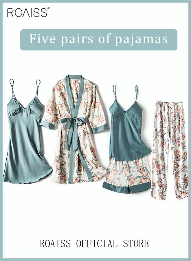 5-Pack Women's Pajama Set Sling with Chest Pad Nightdress Sweet Sleepwear Home Wearing Clothes Suits Ladies Floral Printing Nightwear Lingerie Robe Underwear Shorts Summer Spring Blue