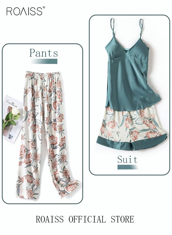 5-Pack Women's Pajama Set Sling with Chest Pad Nightdress Sweet Sleepwear Home Wearing Clothes Suits Ladies Floral Printing Nightwear Lingerie Robe Underwear Shorts Summer Spring Blue