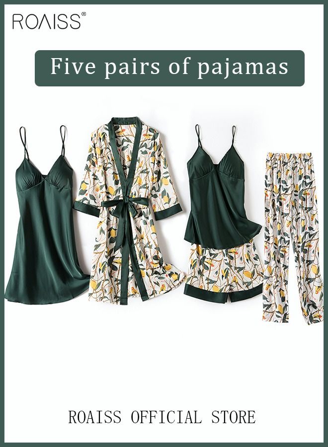 5-Pack Women's Pajama Sets Sling with Chest Pad Nightdress Sweet Sleepwear Home Wearing Clothes Suits Ladies Floral Printing Nightwear Lingerie Robe Underwear Shorts Summer Spring Green