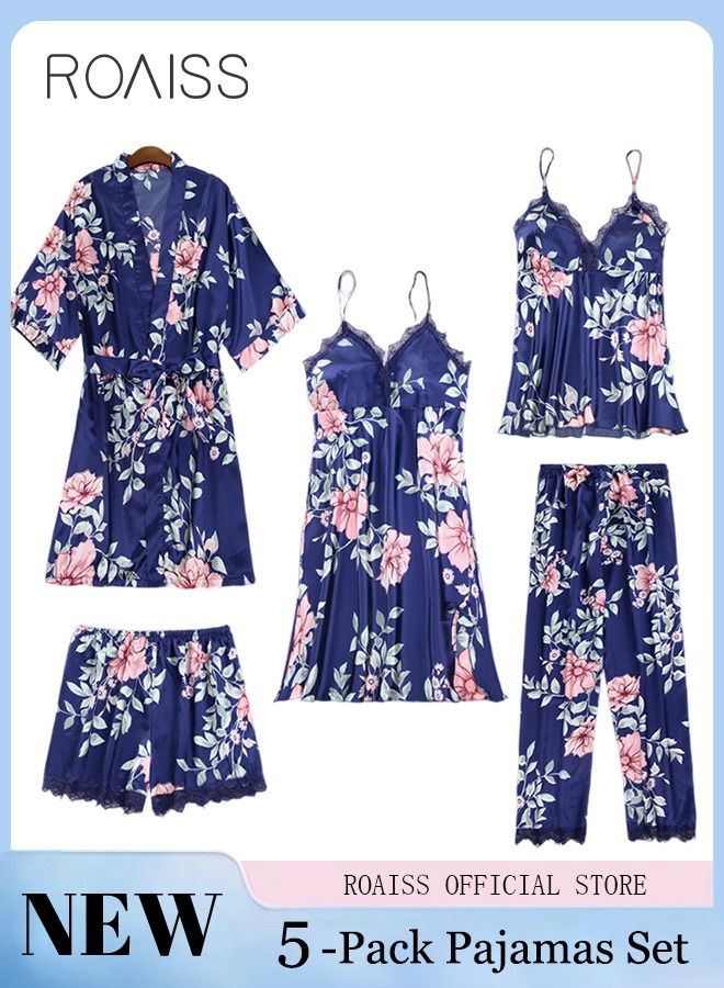 5-Pack Women's Sleepwear Sets Sling Lace Nightdress Sweet Pajama Home Wearing Clothes Loungewear Suits Floral Printing Ladies Nightwear Lingerie Robe Underwear Shorts Summer Spring Blue