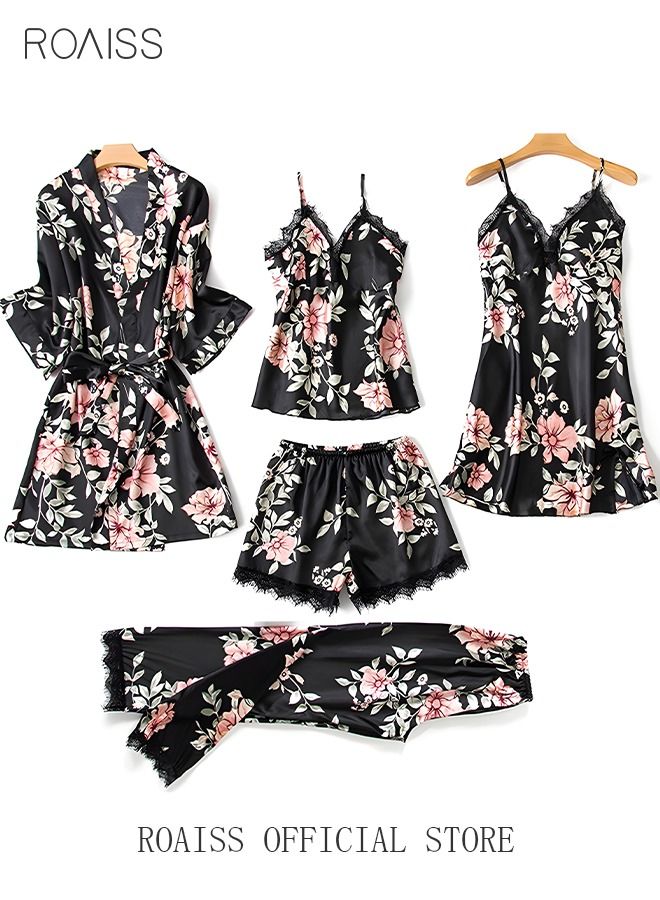 5-Pack Women's Sleepwear Set Sling Lace Nightdress Sweet Pajama Home Wearing Clothes Loungewear Suits Floral Printing Ladies Nightwear Lingerie Robe Underwear Shorts Summer Spring