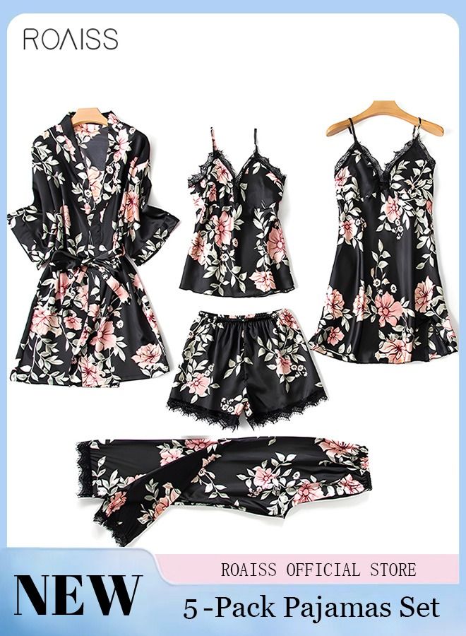 5-Pack Women's Sleepwear Set Sling Lace Nightdress Sweet Pajama Home Wearing Clothes Loungewear Suits Floral Printing Ladies Nightwear Lingerie Robe Underwear Shorts Summer Spring