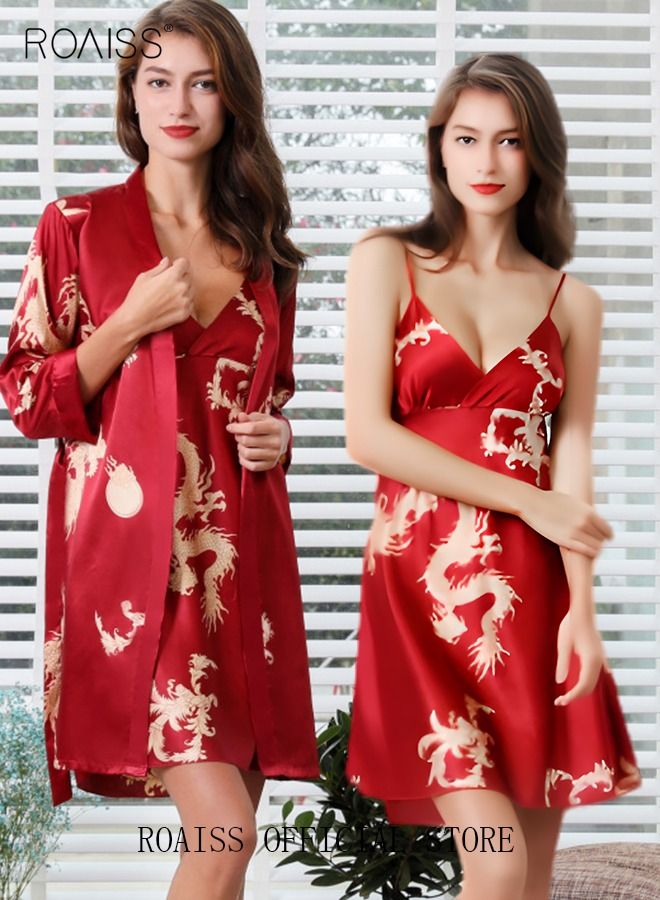 Plus Size Slip Dress and Robe for Ladies Silk Dragon Pattern Pajamas Bathrobe gift for Girlfriend Wife Summer Loungewear Nightwear for Women