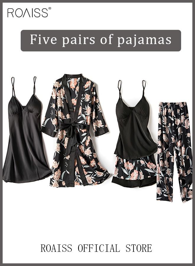 5-Pack Women's Pajama Set Sling with Chest Pad Nightdress Sweet Sleepwear Home Wearing Clothes Suits Ladies Floral Printing Nightwear Lingerie Robe Underwear Shorts Summer Spring Black