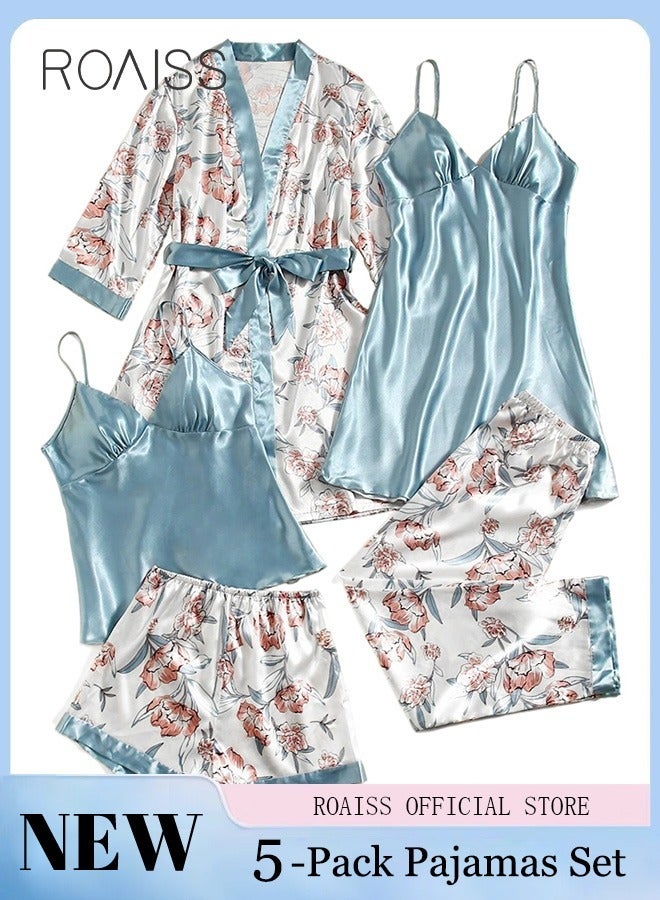 5-Pack Women's Pajama Sets Sling with Chest Pad Nightdress Sweet Sleepwear Home Wearing Clothes Suits Ladies Floral Printing Nightwear Lingerie Robe Underwear Shorts Summer Spring Blue