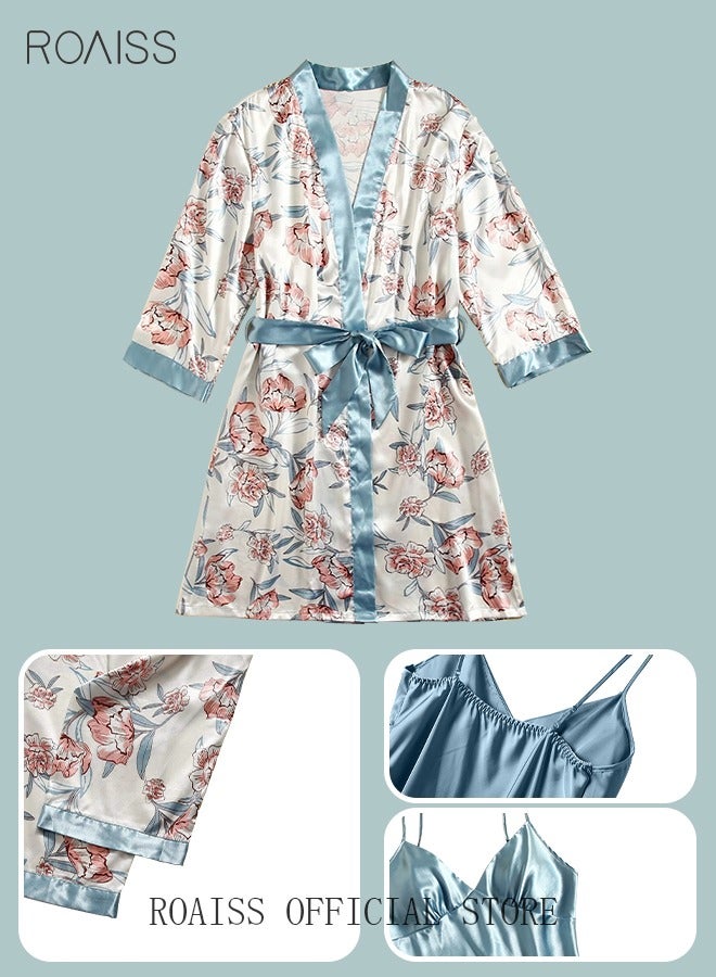 5-Pack Women's Pajama Sets Sling with Chest Pad Nightdress Sweet Sleepwear Home Wearing Clothes Suits Ladies Floral Printing Nightwear Lingerie Robe Underwear Shorts Summer Spring Blue