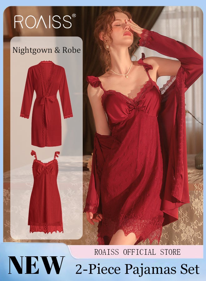 2 Piece Nightgown Set Women Sweet Halter Nightdress Lace Lingerie Sleepwear Home Dress Set Romantic Elegant Pajamas Ladies Spring Autumn Robe Loungewear