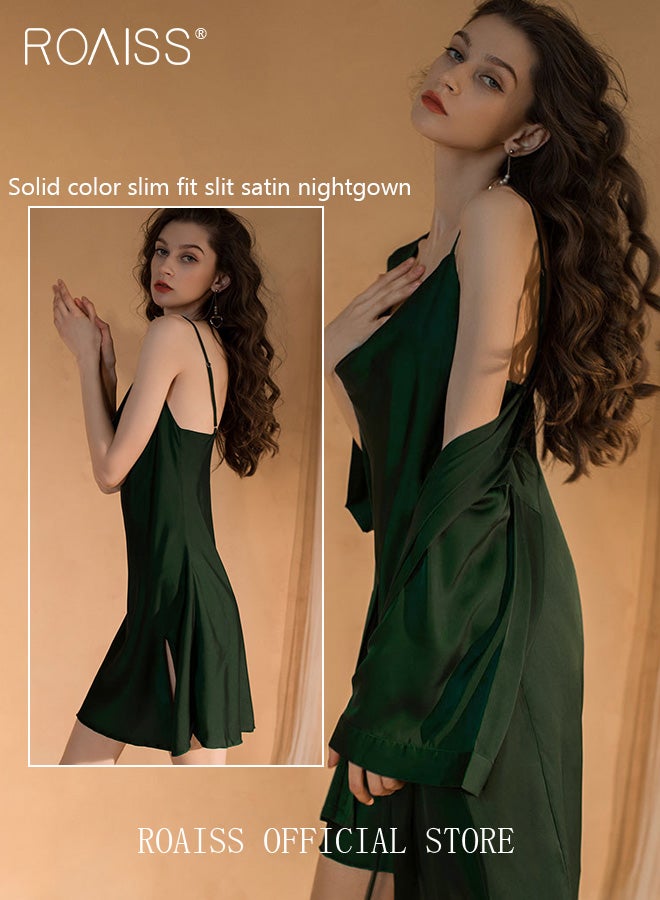 2-Piece Set of Women Pajamas with V-Neck Design Women Home Wear Set Same Color Outer Robe and Lace Element Nightgown