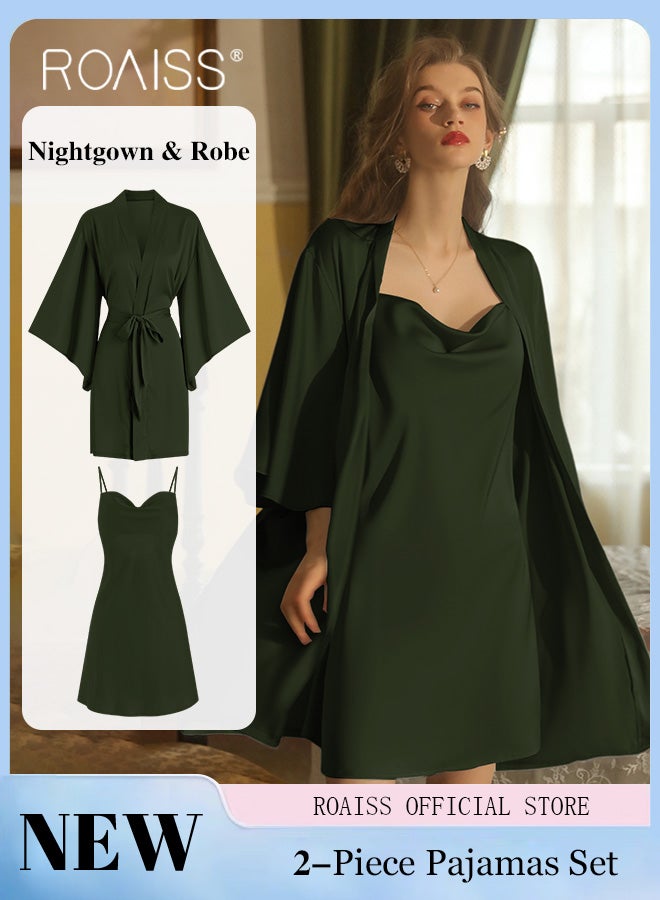2-Piece Set of Women Pajamas with V-Neck Design Women Home Wear Set Same Color Outer Robe and Lace Element Nightgown