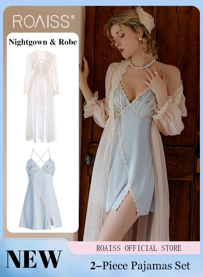 2-Piece Set of Women Pajamas with V-Neck Design Women Home Wear Set Same Color Outer Robe and Lace Element Nightgown