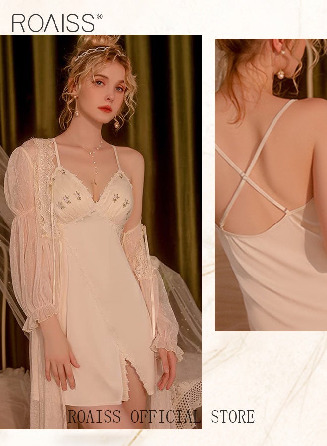 2-Piece Set of Women Pajamas with V-Neck Design Women Home Wear Set Same Color Outer Robe and Lace Element Nightgown