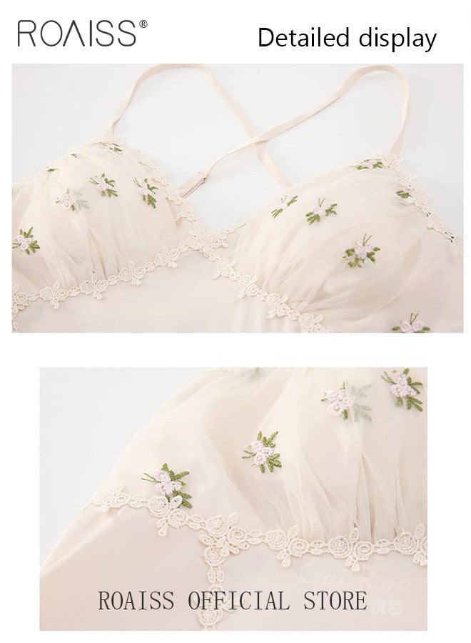 2-Piece Set of Women Pajamas with V-Neck Design Women Home Wear Set Same Color Outer Robe and Lace Element Nightgown