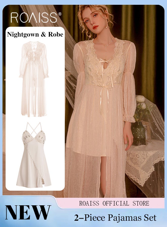 2-Piece Set of Women Pajamas with V-Neck Design Women Home Wear Set Same Color Outer Robe and Lace Element Nightgown