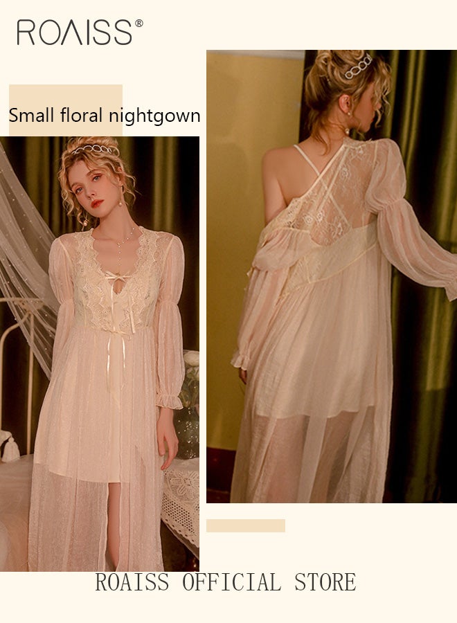 2-Piece Set of Women Pajamas with V-Neck Design Women Home Wear Set Same Color Outer Robe and Lace Element Nightgown