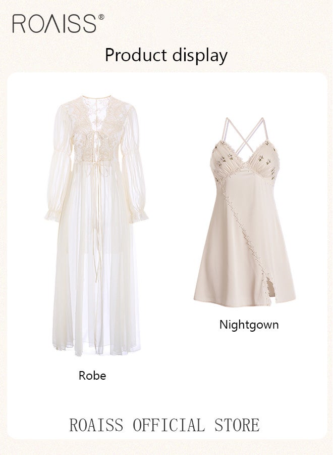 2-Piece Set of Women Pajamas with V-Neck Design Women Home Wear Set Same Color Outer Robe and Lace Element Nightgown