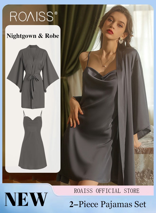 2-Piece Set of Women Pajamas with V-Neck Design Women Home Wear Set Same Color Outer Robe and Lace Element Nightgown