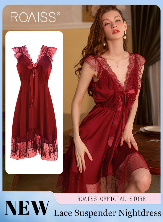 Ladies Pajamas Ladies V Neck Design Home Wear Lace Bow Elements with Hollow Design on The Back