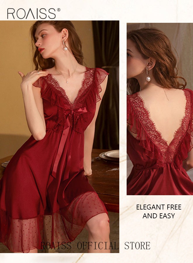 Ladies Pajamas Ladies V Neck Design Home Wear Lace Bow Elements with Hollow Design on The Back