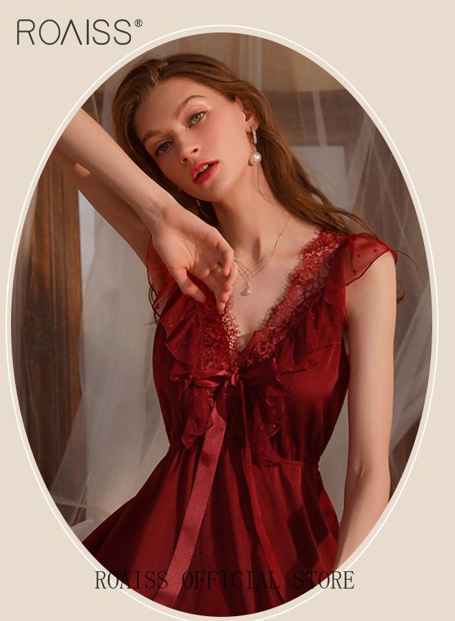 Ladies Pajamas Ladies V Neck Design Home Wear Lace Bow Elements with Hollow Design on The Back