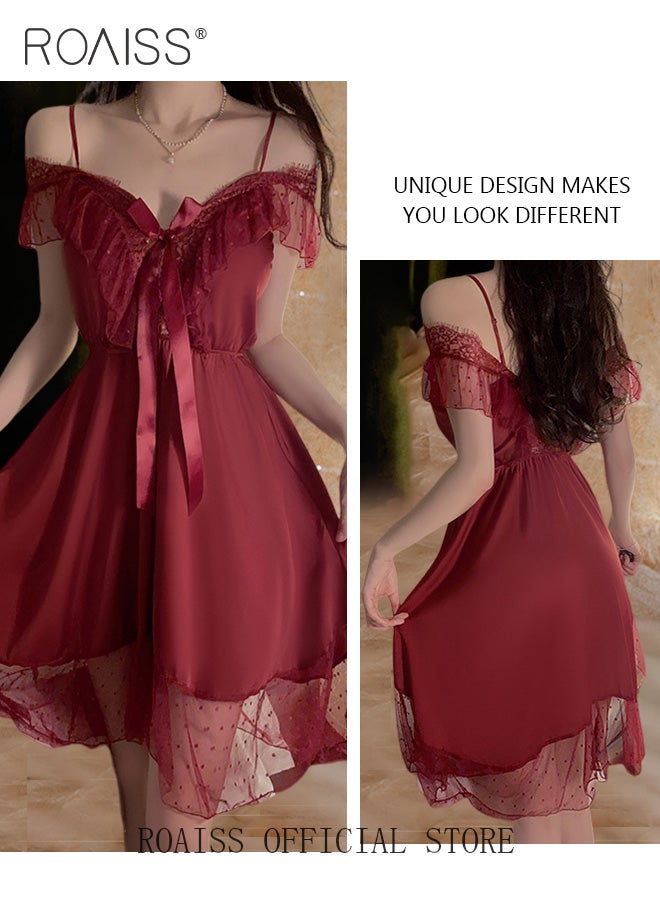 Ladies Pajamas Ladies V Neck Design Home Wear Lace Bow Elements with Hollow Design on The Back