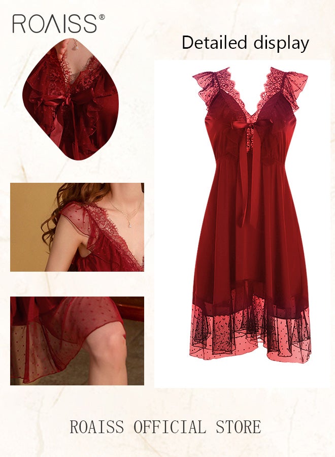 Ladies Pajamas Ladies V Neck Design Home Wear Lace Bow Elements with Hollow Design on The Back