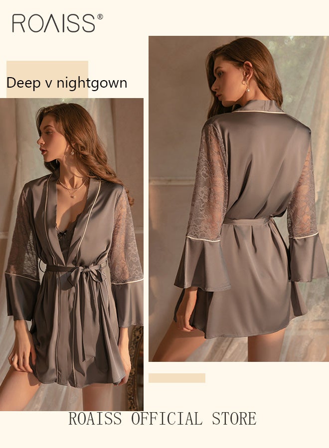 2-Piece Set of Women Pajamas with V-Neck Design Women Home Wear Set Same Color Outer Robe and Lace Element Nightgown