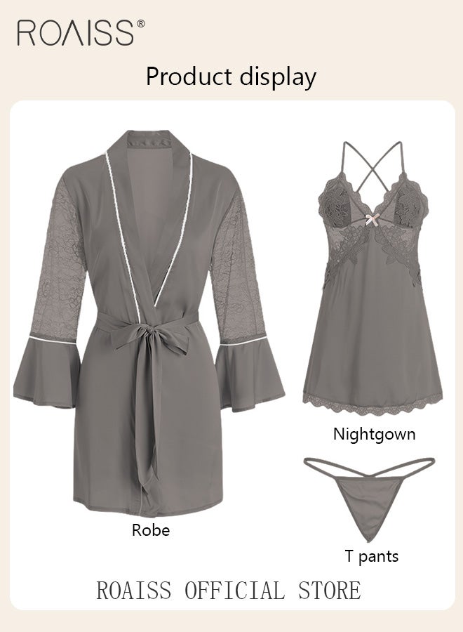 2-Piece Set of Women Pajamas with V-Neck Design Women Home Wear Set Same Color Outer Robe and Lace Element Nightgown