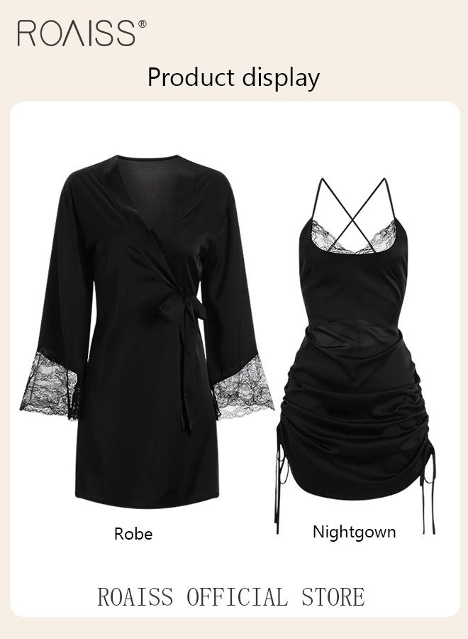 2-Piece Set of Women Pajamas with V-Neck Design Women Home Wear Set Same Color Outer Robe and Lace Element Nightgown