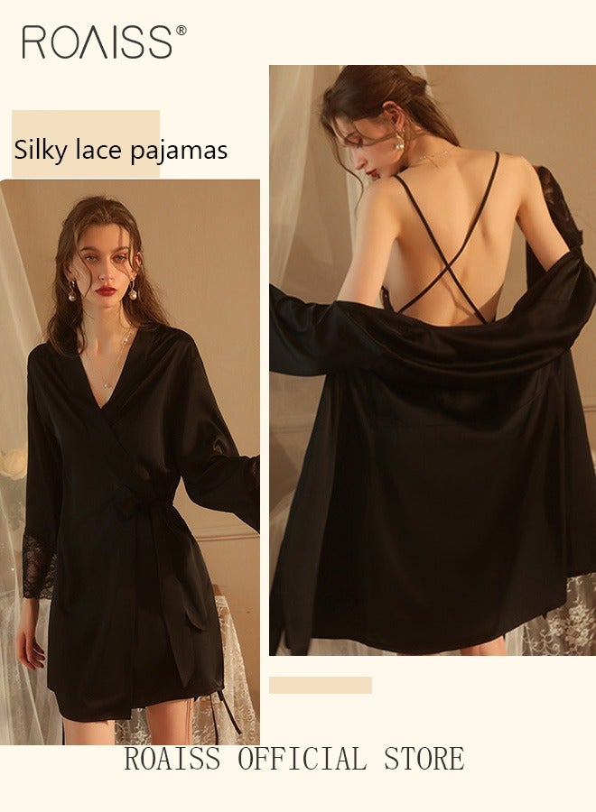 2-Piece Set of Women Pajamas with V-Neck Design Women Home Wear Set Same Color Outer Robe and Lace Element Nightgown