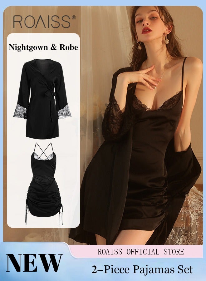 2-Piece Set of Women Pajamas with V-Neck Design Women Home Wear Set Same Color Outer Robe and Lace Element Nightgown