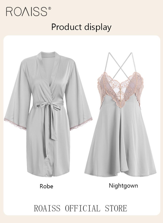 2-Piece Set of Women Pajamas with V-Neck Design Women Home Wear Set Same Color Outer Robe and Lace Element Nightgown