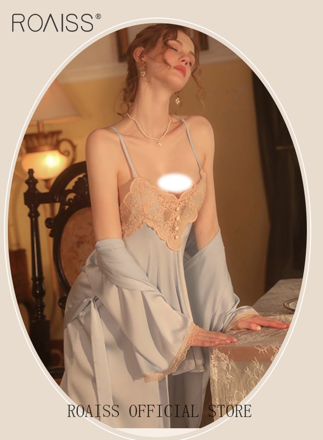 2-Piece Set of Women Pajamas with V-Neck Design Women Home Wear Set Same Color Outer Robe and Lace Element Nightgown