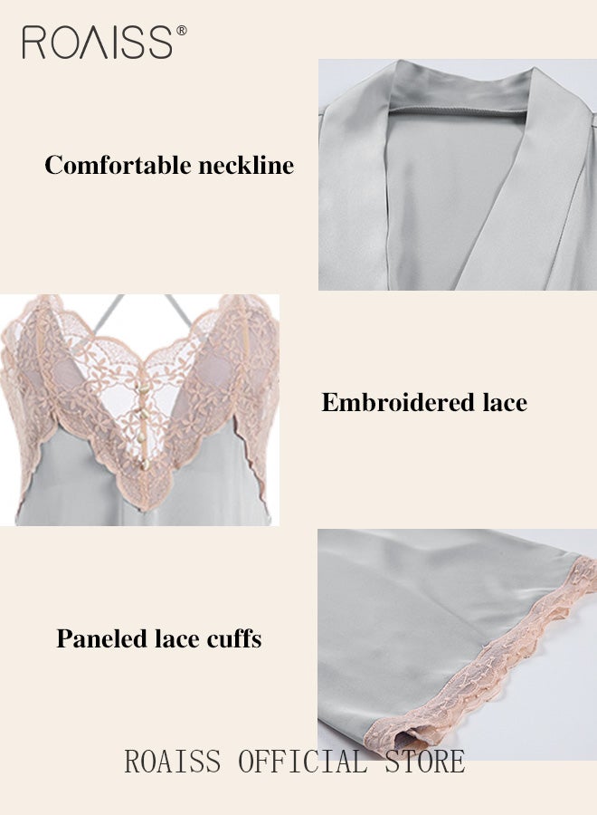 2-Piece Set of Women Pajamas with V-Neck Design Women Home Wear Set Same Color Outer Robe and Lace Element Nightgown