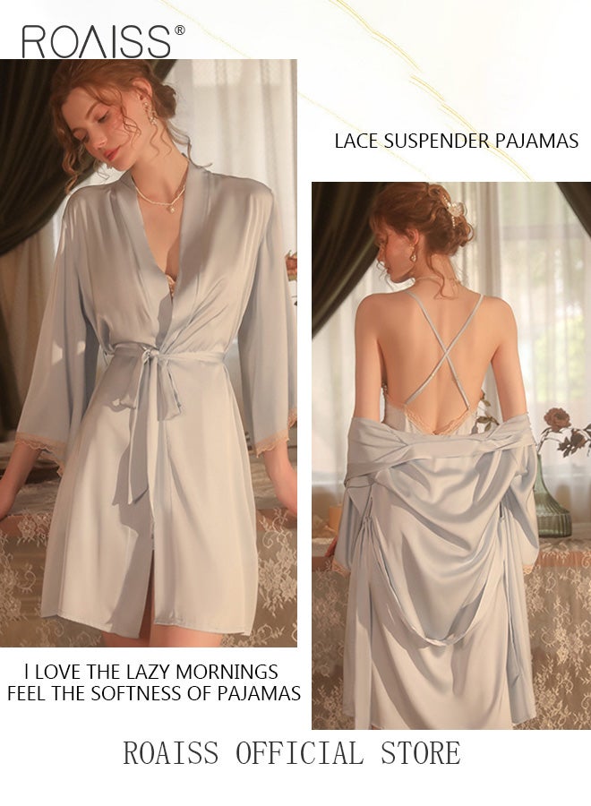 2-Piece Set of Women Pajamas with V-Neck Design Women Home Wear Set Same Color Outer Robe and Lace Element Nightgown